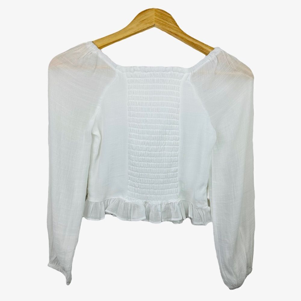 Knit Works Cottagecore White Ruched Ruffle Trim Crop Top - Picture 3 of 6